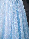 Blue Butterfly Appliques Sequins Prom Dress,  A-Line Short Sleeve Backless Princess Formal Dress HZ0429
