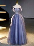 Blue Tulle Beading Sequins Long Prom Dresses, Beautiful Off the Shoulder Formal Party Dresses HZ0429