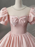 Beautiful Pink Scoop Neck Satin Floor Length Prom Dress, A-Line Short Sleeve Evening Dress with Bow HZ0429