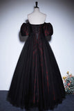 Black Tulle and Rose Print A-Line Prom Dress, Black Off Shoulder Evening Party Dress HZ0429