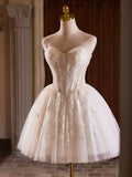 Champagne Strapless Tulle Sequins Short Prom Dress, Lovely Sweetheart Homecoming Party Dress HZ0429