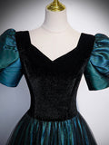 Unique Black Velvet and Tulle Long Prom Dress, A-Line Short Sleeve Evening Party Dress HZ0429