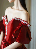 Burgundy Satin Rhinestone Floor Length Prom Dress, A-Line Off-The-Shoulder Princess Party Dress HZ0429