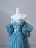 Fairy Blue Spaghetti Straps Corset Tulle Prom Dress, Detachable off Shoulder Party Dress HZ0429
