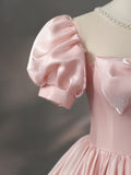 Beautiful Pink Scoop Neck Satin Floor Length Prom Dress, A-Line Short Sleeve Evening Dress with Bow HZ0429