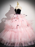 Pink Tulle and Black Velvet Strapless Party Gown, Pink Backless Ruffles Formal Evening Dress HZ0429