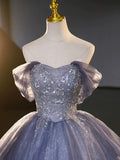 Blue Tulle Beading Sequins Long Prom Dresses, Beautiful Off the Shoulder Formal Party Dresses HZ0429