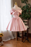 Pink Satin Short Prom Dress, Lovely A-Line Off the Shoulder Party Homecoming Dress HZ0429