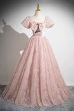 Pink Tulle Sequins Long Prom Dress, Lovely A-Line Party Dress with Bow HZ0429
