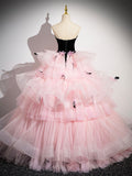 Pink Tulle and Black Velvet Strapless Party Gown, Pink Backless Ruffles Formal Evening Dress HZ0429