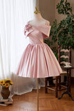 Pink Satin Short Prom Dress, Lovely A-Line Off the Shoulder Party Homecoming Dress HZ0429