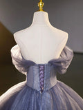 Blue Tulle Beading Sequins Long Prom Dresses, Beautiful Off the Shoulder Formal Party Dresses HZ0429