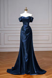 Navy Satin Long Prom Dress, Elegant Off the Shoulder Party Dress HZ0429