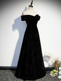Black Velvet Long Prom Dress, Black Off the Shoulder Evening Party Dress HZ0429