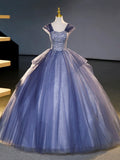 Blue Tulle Beading Sequins Long Prom Dresses, Beautiful Off the Shoulder Formal Party Dresses HZ0429
