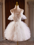 A-Line Tulle Layers Short Prom Dress, Light Champagne Spaghetti Strap Party Dress HZ0429