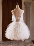 A-Line Tulle Layers Short Prom Dress, Light Champagne Spaghetti Strap Party Dress HZ0429