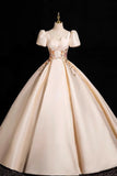 Champagne Satin Lace Long Prom Dress, Elegant Short Sleeve Evening Party Dress HZ0429