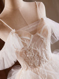 A-Line Tulle Layers Short Prom Dress, Light Champagne Spaghetti Strap Party Dress HZ0429