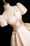 Champagne Satin Lace Long Prom Dress, Elegant Short Sleeve Evening Party Dress HZ0429