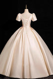 Champagne Satin Lace Long Prom Dress, Elegant Short Sleeve Evening Party Dress HZ0429