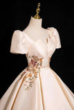 Champagne Satin Lace Long Prom Dress, Elegant Short Sleeve Evening Party Dress HZ0429