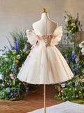 Champagne Floral Tulle Short A-Line Prom Dress, Off the Shoulder Evening Party Dress HZ0429