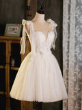 Light Champagne Short Tulle Homecoming Dress, Lovely A-Line Spaghetti Strap Evening Party Dress HZ0429