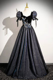 Black Glitter Floor Length Prom Dress, Elegant Short Sleeve Evening Party Dress HZ0429