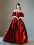 Burgundy Satin Rhinestone Floor Length Prom Dress, A-Line Off-The-Shoulder Princess Party Dress HZ0429