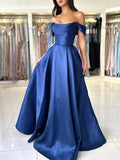 A-Line Satin Long Prom Dress, Simple Off the Shoulder Evening Party Dress HZ0429