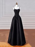 Black Spaghetti Strap Satin Long Prom Dress, Black A-Line Evening Dress HZ0429