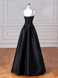 Black Spaghetti Strap Satin Long Prom Dress, Black A-Line Evening Dress HZ0429