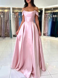 A-Line Satin Long Prom Dress, Simple Off the Shoulder Evening Party Dress HZ0429