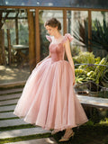 Retro Pink Velvet Tulle Tea Length Prom Dresses, A-Line U-Neck Short Sleeve Princess Party Dresses HZ0429