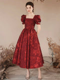 Burgundy A-Line Tea Length Prom Dress, Cute Short Sleeve Evening Party Dress HZ0429