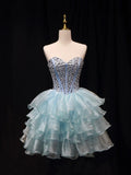 Blue Tulle Crystal Short Party Dress, A-Line Strapless Evening Party Dress HZ0429