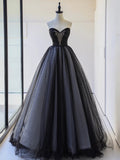 Black Strapless Tulle Lace Long Prom Dress, Black A-Line Sweetheart Neck Evening Party Dress HZ0429