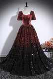 Burgundy Black Ombre Sequin Ball Gown Puff Sleeve Square Neck Prom Dress HZ0429