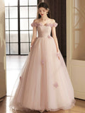 Beautiful Tulle Long Prom Dress with Flowers, A-Line Off the Shoulder Evening Party Dress HZ0429