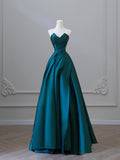 A-Line Satin Floor Length Prom Dress, Blue Strapless Evening Party Dress HZ0429