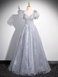 Gray Tulle Beaded Floor Length Prom Dress, A-Line Short Sleeve Evening Party Dress HZ0429