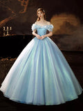 A-Line Blue Princess Dress, Off the Shoulder Organza Butterfly Formal Dress HZ0429