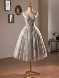 Gray Tulle Sequins Short A-Line Prom Dress, Lovely Spaghetti Strap Evening Party Dress HZ0429