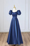 Navy Satin Long Prom Dress, A-Line Short Sleeve Evening Party Dress HZ0429