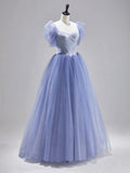 Blue Satin Tulle Floor Length Prom Dress, Beautiful Short Sleeve Formal Evening Dress HZ0429
