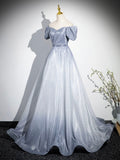 Beautiful Gradient-Color Glitter Sequins Prom Dresses, A-Line Princess Off-The-Shoulder Sleeveless Gray Blue Formal Dresses HZ0429
