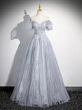 Gray Tulle Beaded Floor Length Prom Dress, A-Line Short Sleeve Evening Party Dress HZ0429