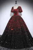 Burgundy Black Ombre Sequin Ball Gown Puff Sleeve Square Neck Prom Dress HZ0429
