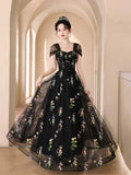 Black Floral Tulle Floor Length Prom Dress, Off the Shoulder Evening Party Dress HZ0429